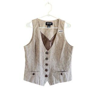 Sharagano Women's Vest Sz M Beige Pinstripe Linen Blend Button Down Sleeveless